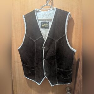 Men's Vintage Brown Suede Shearling-Lined Vest Size Medium